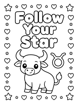 Free printable Cute Taurus Bull With Stars And Hearts coloring page