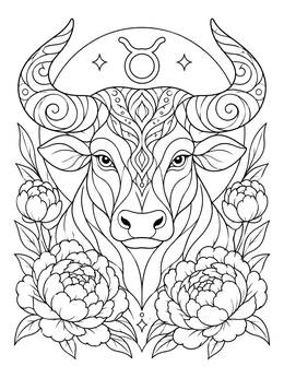 An ornate bull head with zodiac symbol and flowers in this taurus coloring page.