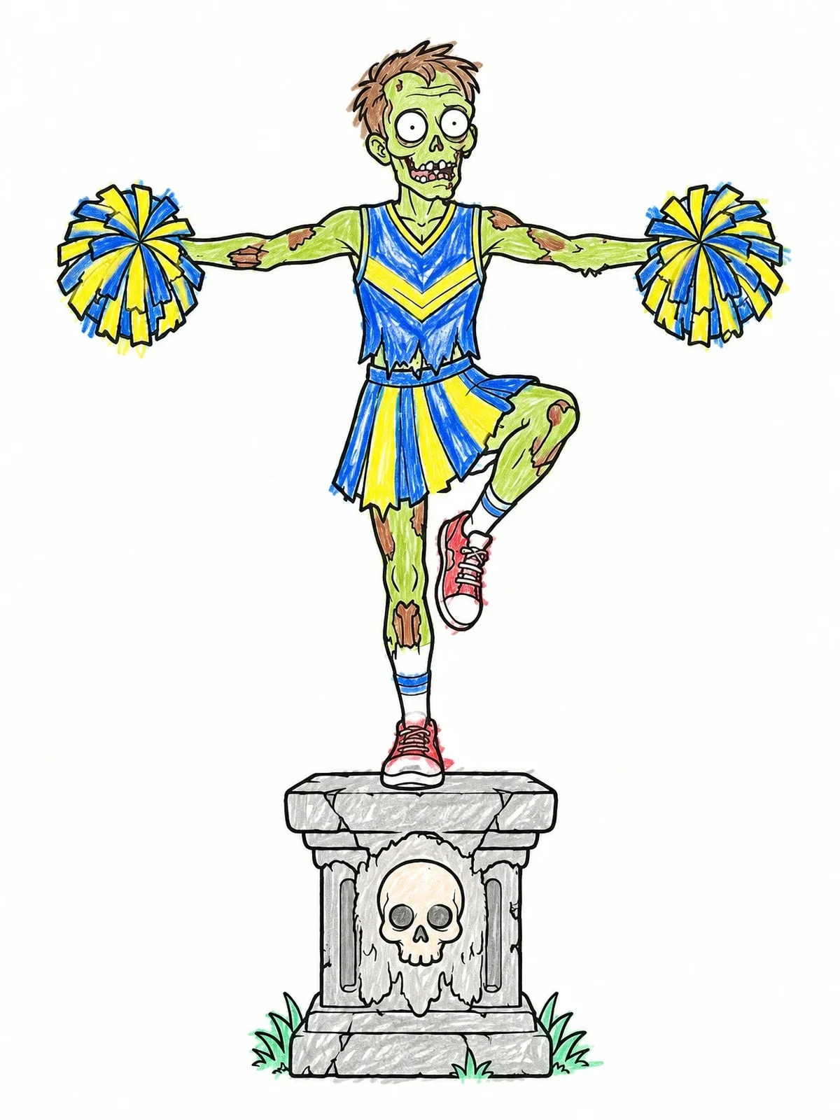 Colored example of the Zombie Cheerleader On Stone Pedestal coloring page