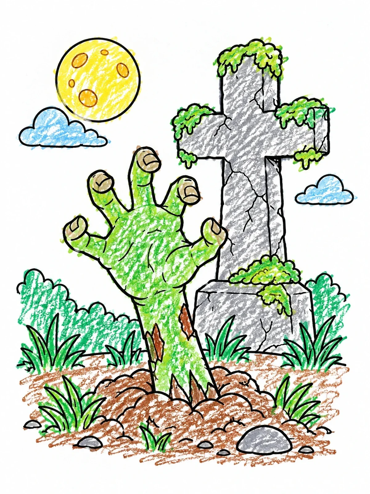 Colored example of the Zombie Hand Emerging By Stone Cross coloring page