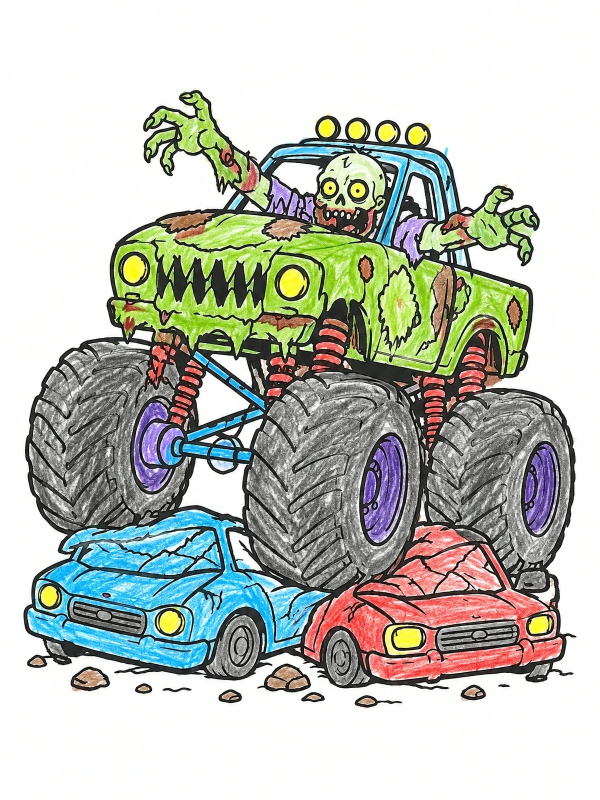 Colored example of the Spooky Zombie Monster Truck Crushing Cars coloring page