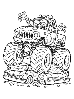 A fun zombie monster truck coloring page crushing smaller cars with giant tires.