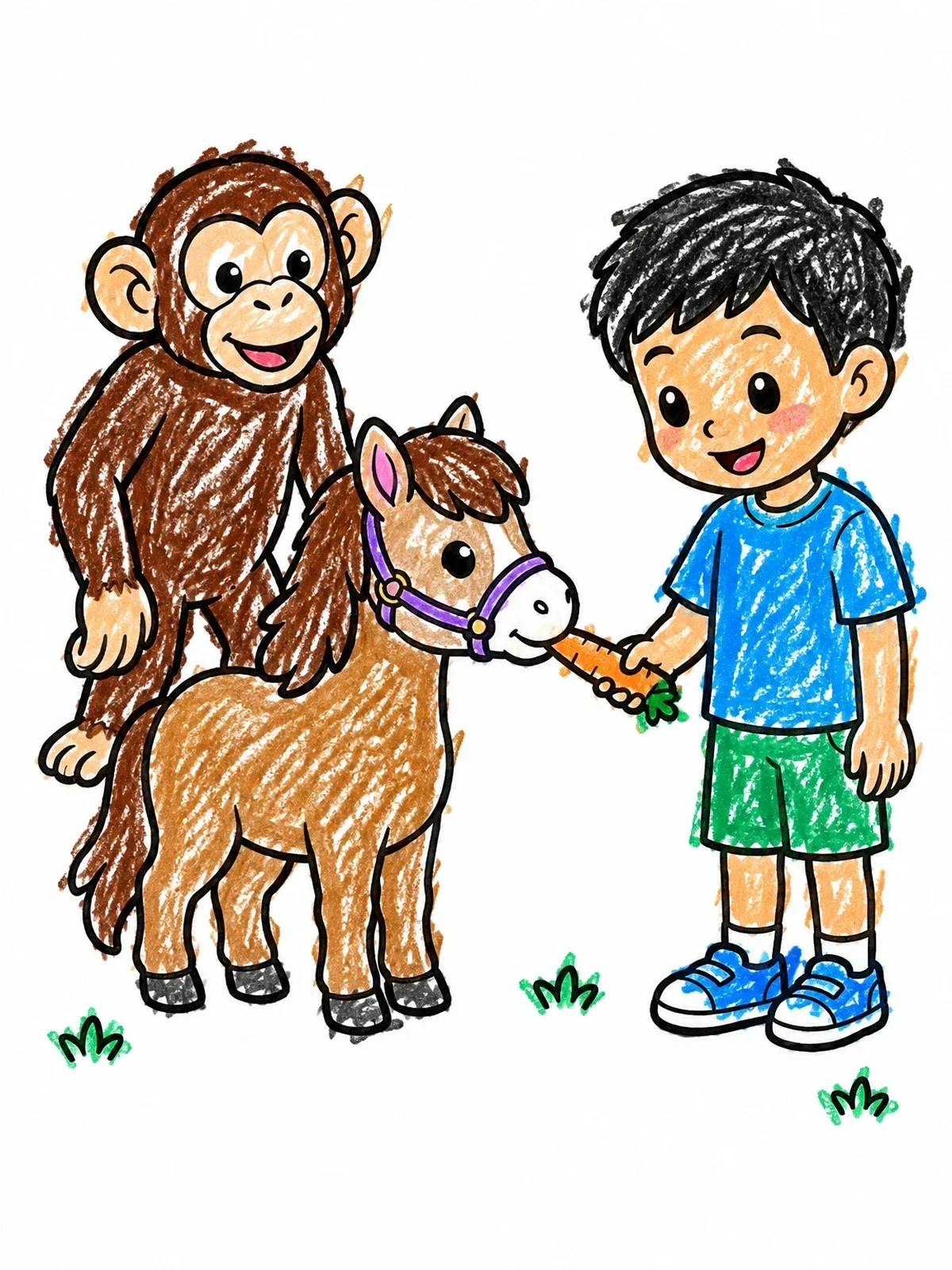 Colored example of the Boy Feeding Pony With Chimpanzee coloring page