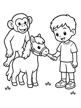 A friendly chimpanzee watches a boy feed a pony in this zoo coloring page.