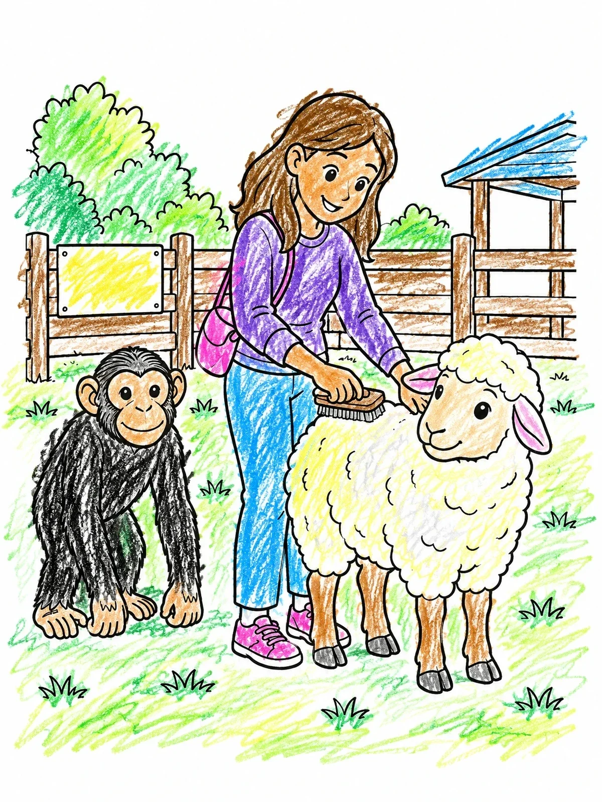 Colored example of the Friendly Chimpanzee And Sheep At The Zoo coloring page