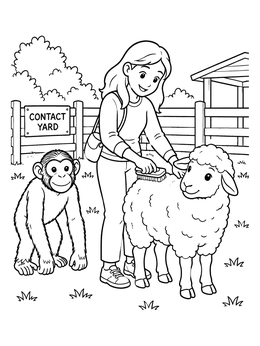 A girl brushes a sheep alongside a chimpanzee in this zoo coloring page.