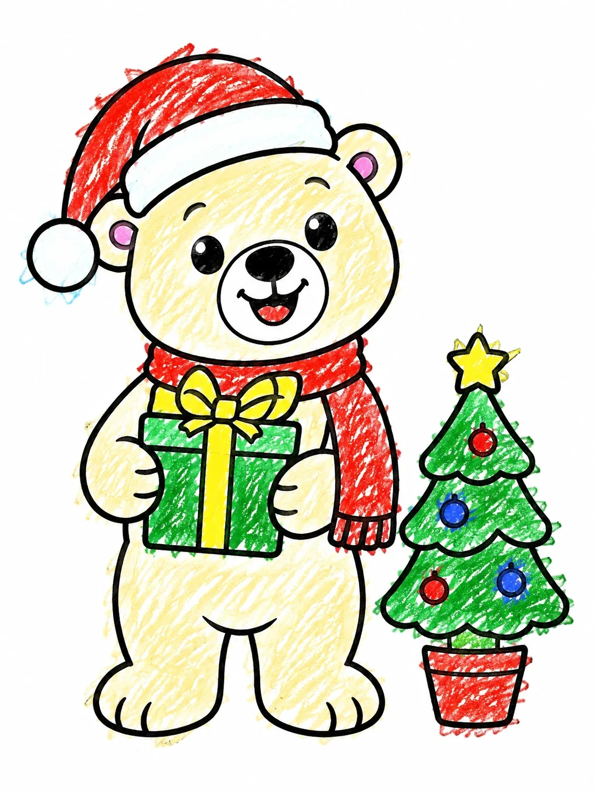 Colored example of the Festive Polar Bear With Christmas Tree coloring page