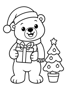 A cheerful polar bear holds a gift beside a tree in this cute zoo coloring page.