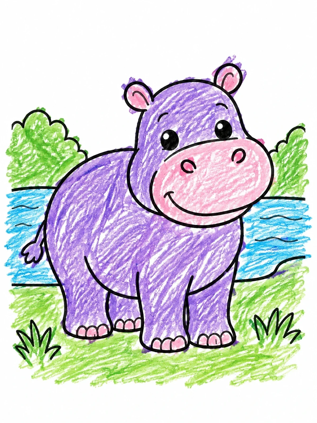 Colored example of the Cute Baby Hippo By The River coloring page