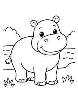 Free printable Cute Baby Hippo By The River coloring page