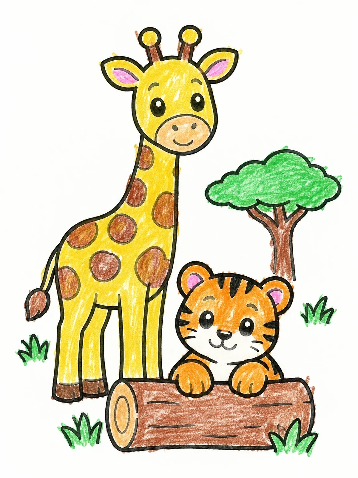 Colored example of the Cute Giraffe And Tiger Cub coloring page