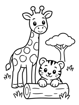 Free printable Cute Giraffe And Tiger Cub coloring page