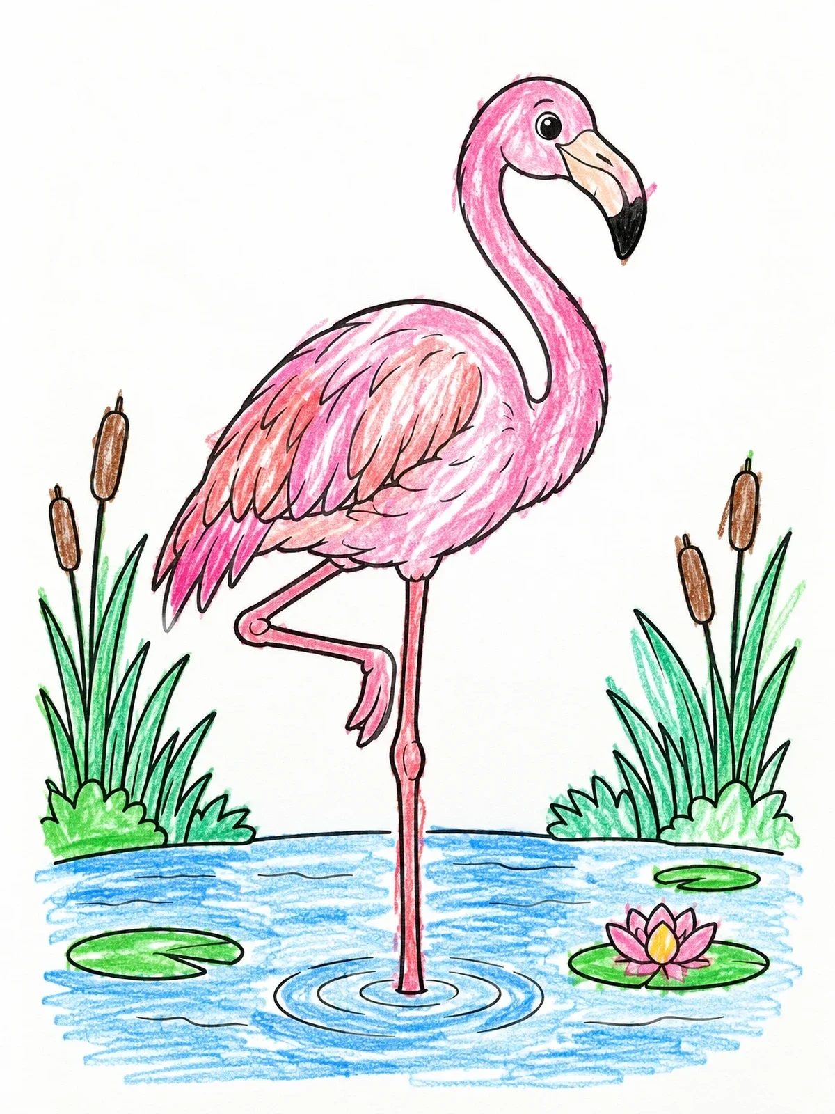 Colored example of the Cute Greater Flamingo In Pond coloring page