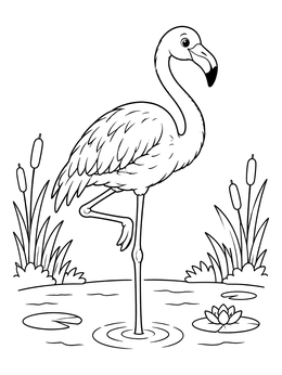 A friendly bird stands on one leg in a pond on this zoo coloring page.