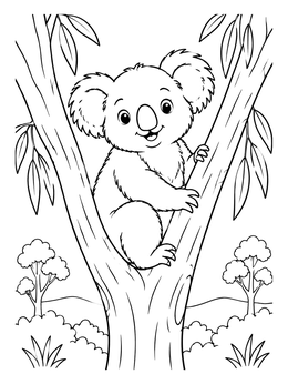 A cheerful koala sits in a tree fork on this zoo coloring page.