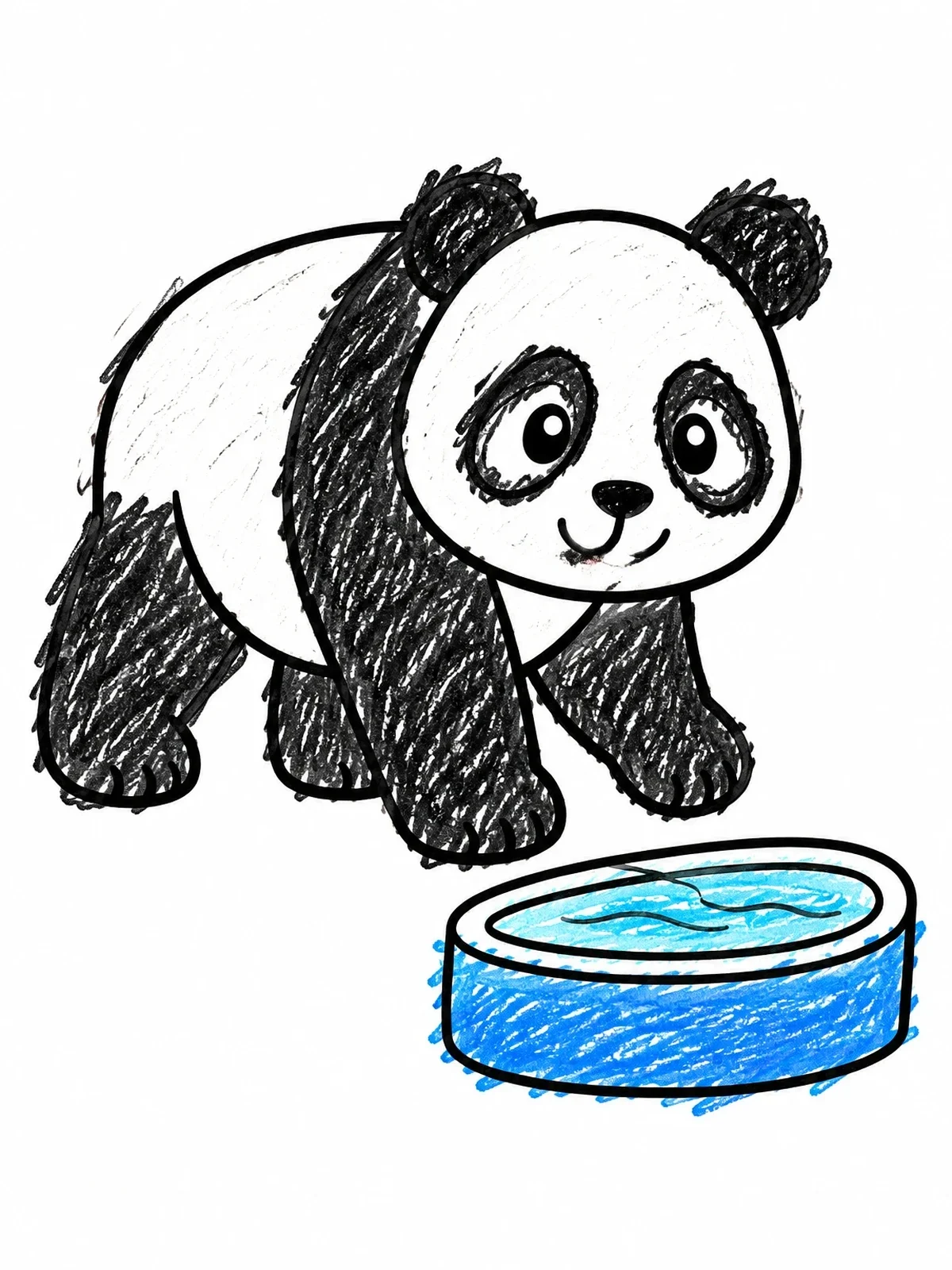 Colored example of the Cute Panda At The Water Bowl coloring page