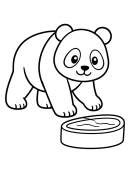 A cute panda approaches a water bowl in this zoo coloring page.