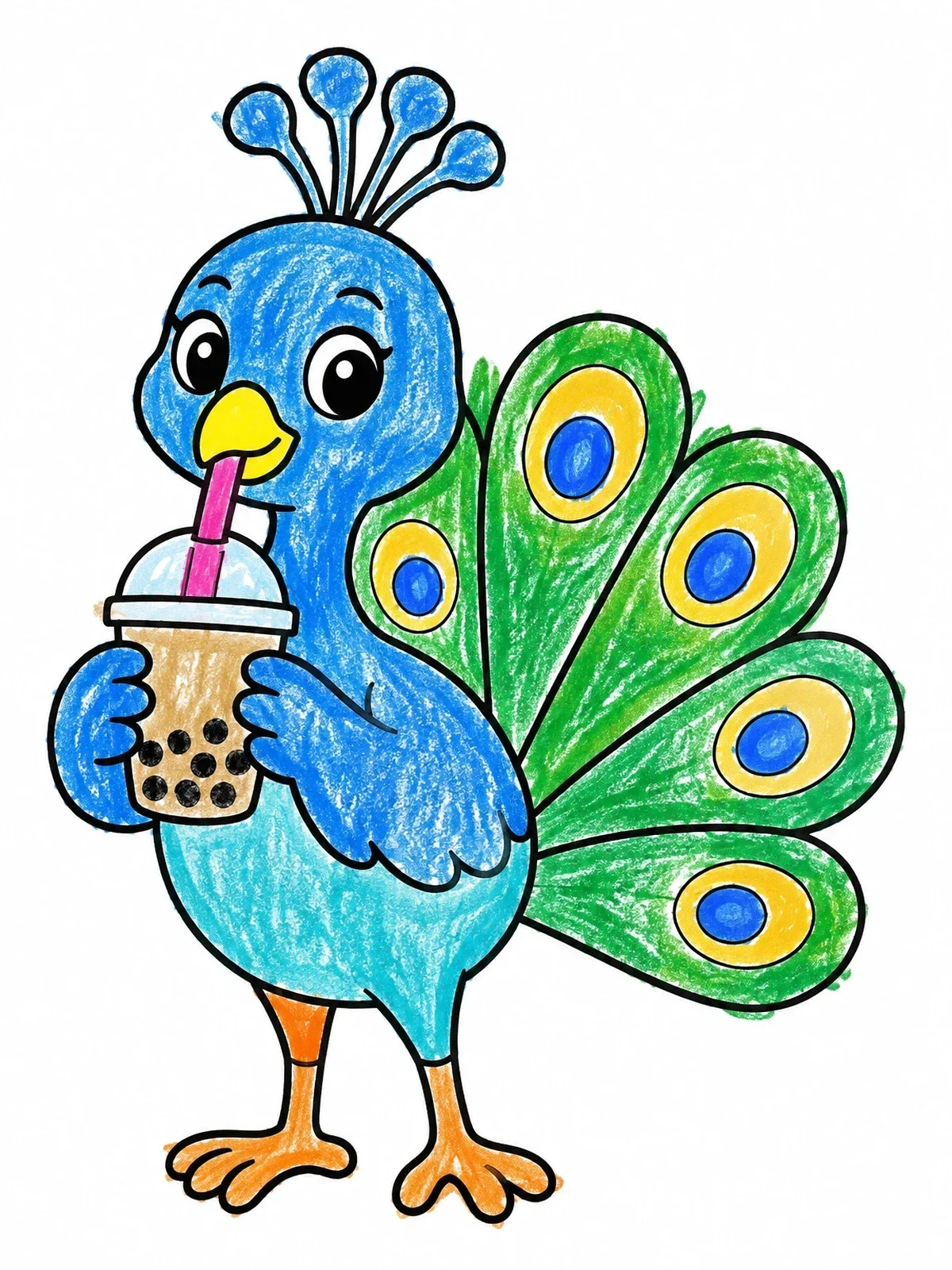 Colored example of the Cute Peacock Drinking Boba Tea coloring page