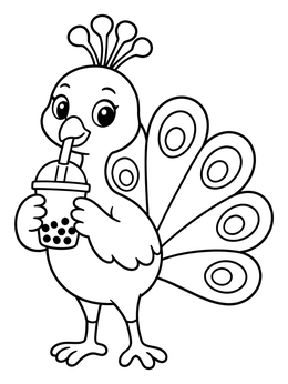 A cute cartoon peacock enjoys a bubble drink on this zoo coloring page.
