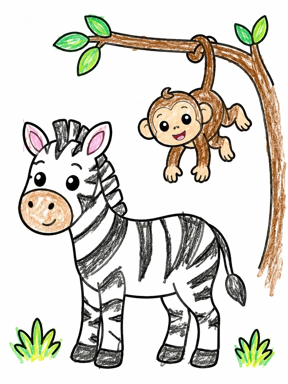 Colored example of the Cute Zebra And Hanging Monkey coloring page