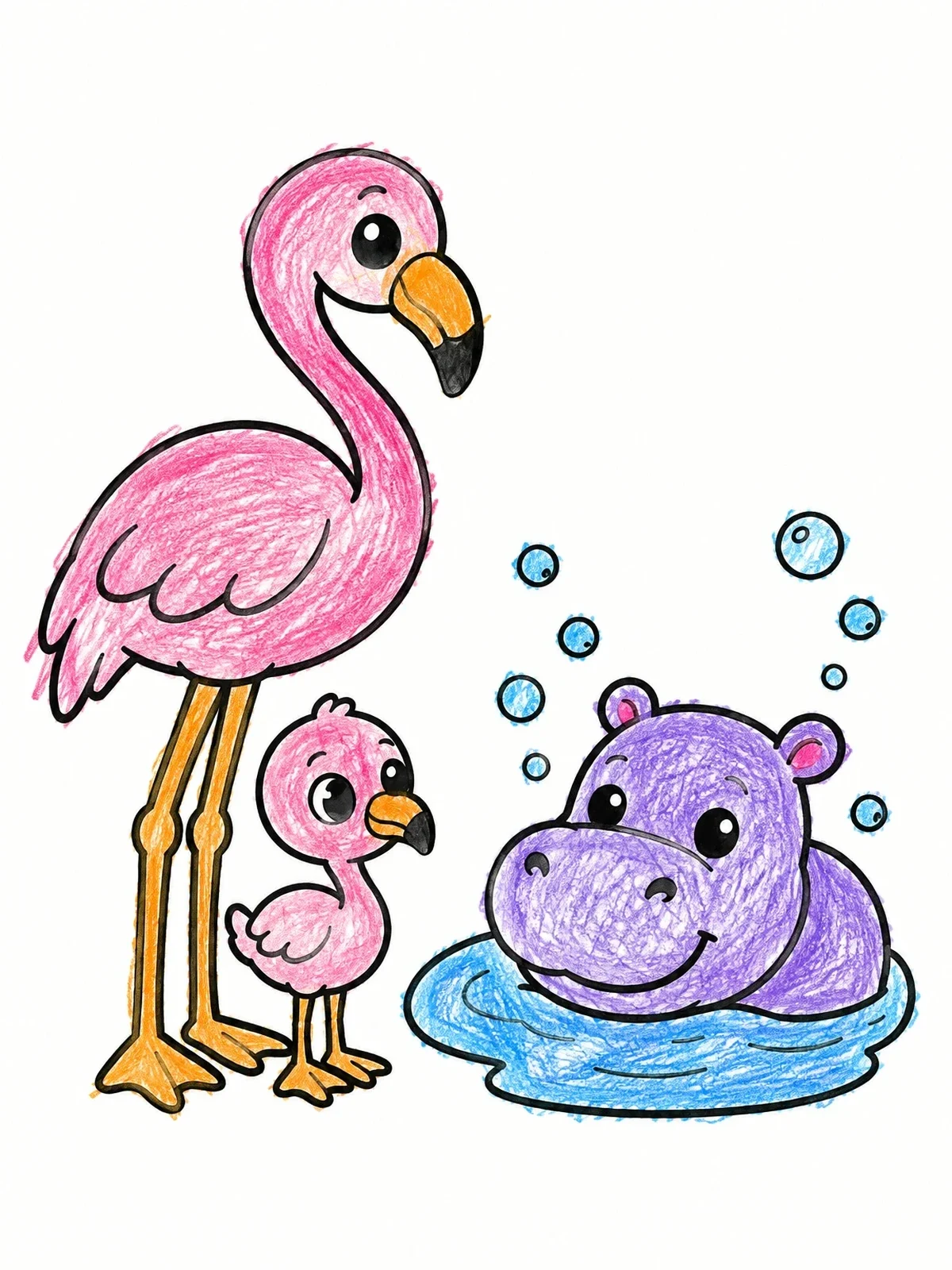 Colored example of the Flamingos And Little Hippo Friend coloring page
