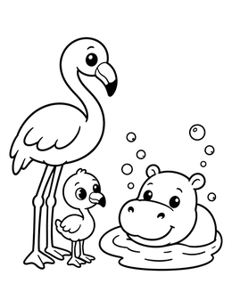 Free printable Flamingos And Little Hippo Friend coloring page