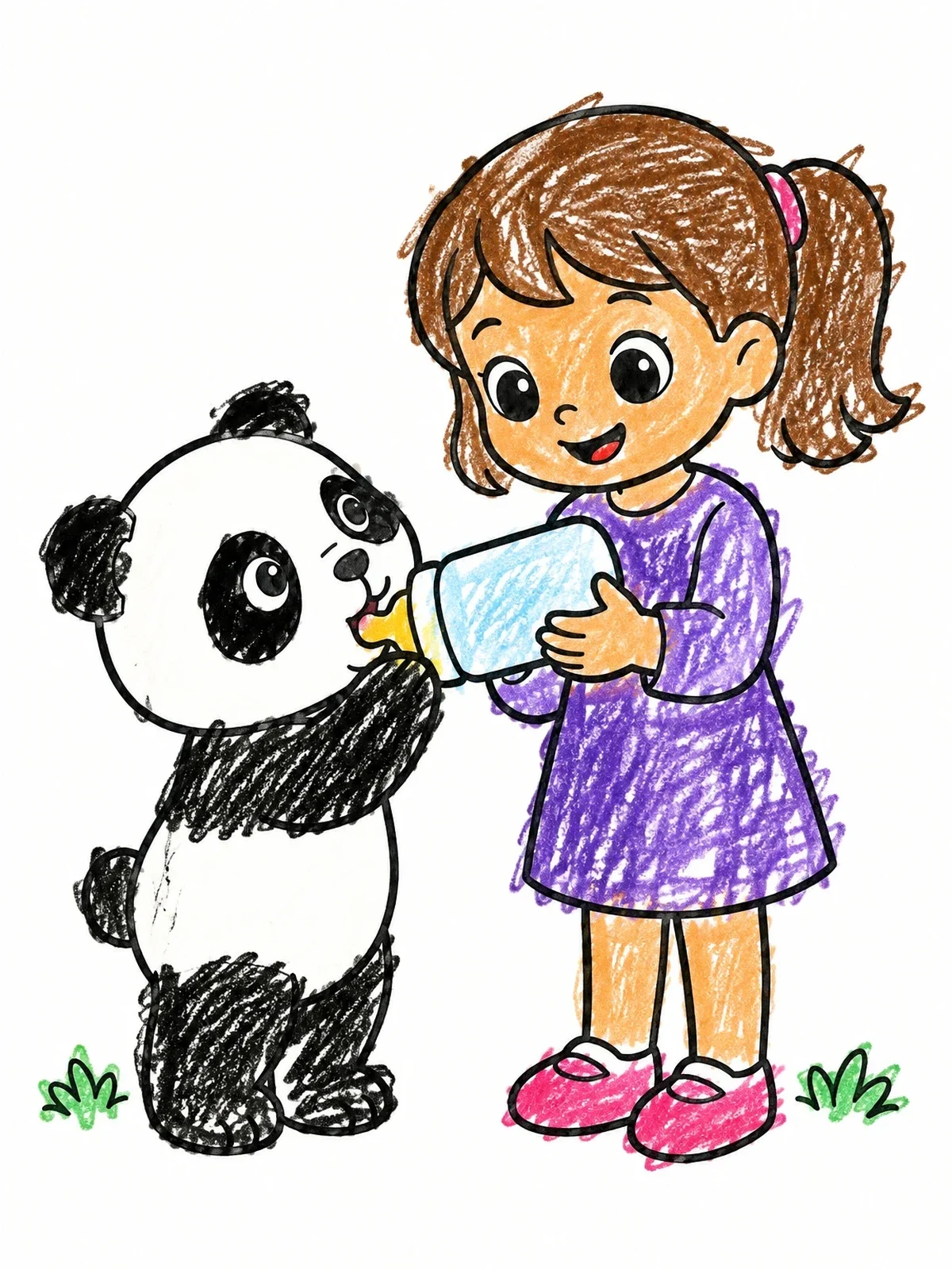 Colored example of the Girl Feeding A Baby Panda coloring page