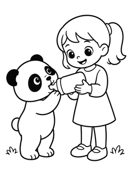 A sweet zoo coloring page of a cheerful girl feeding milk from a bottle to a cute baby panda.