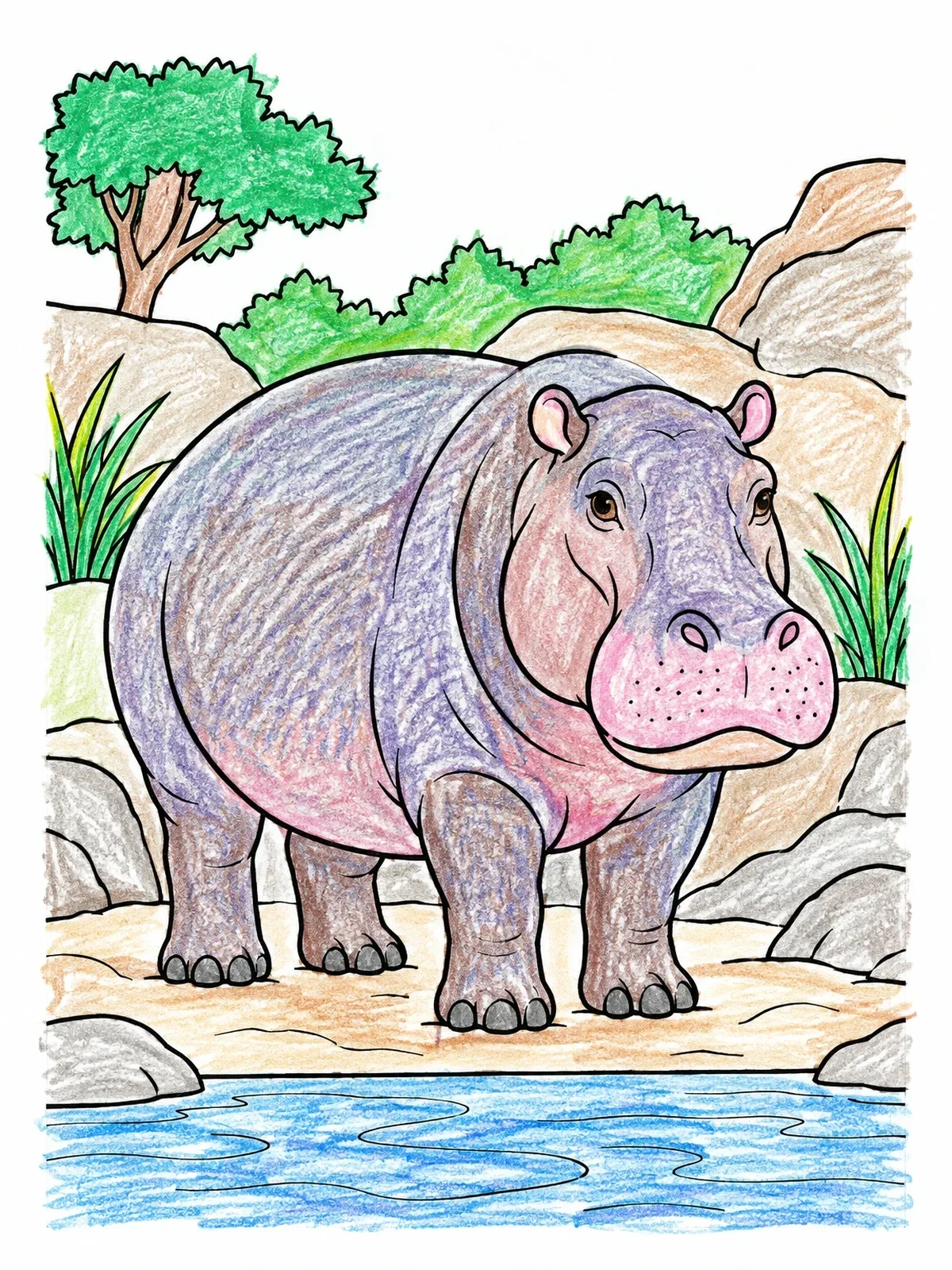 Colored example of the Hippopotamus By The Riverbank coloring page