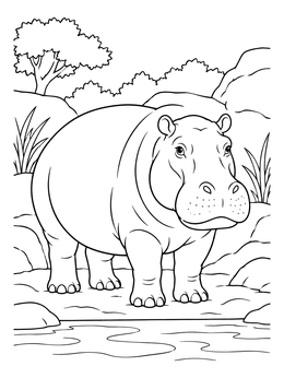 A friendly hippopotamus stands near water in this zoo coloring page.