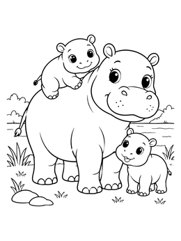 A cheerful mother hippo with two cute calves in a sweet zoo coloring page.