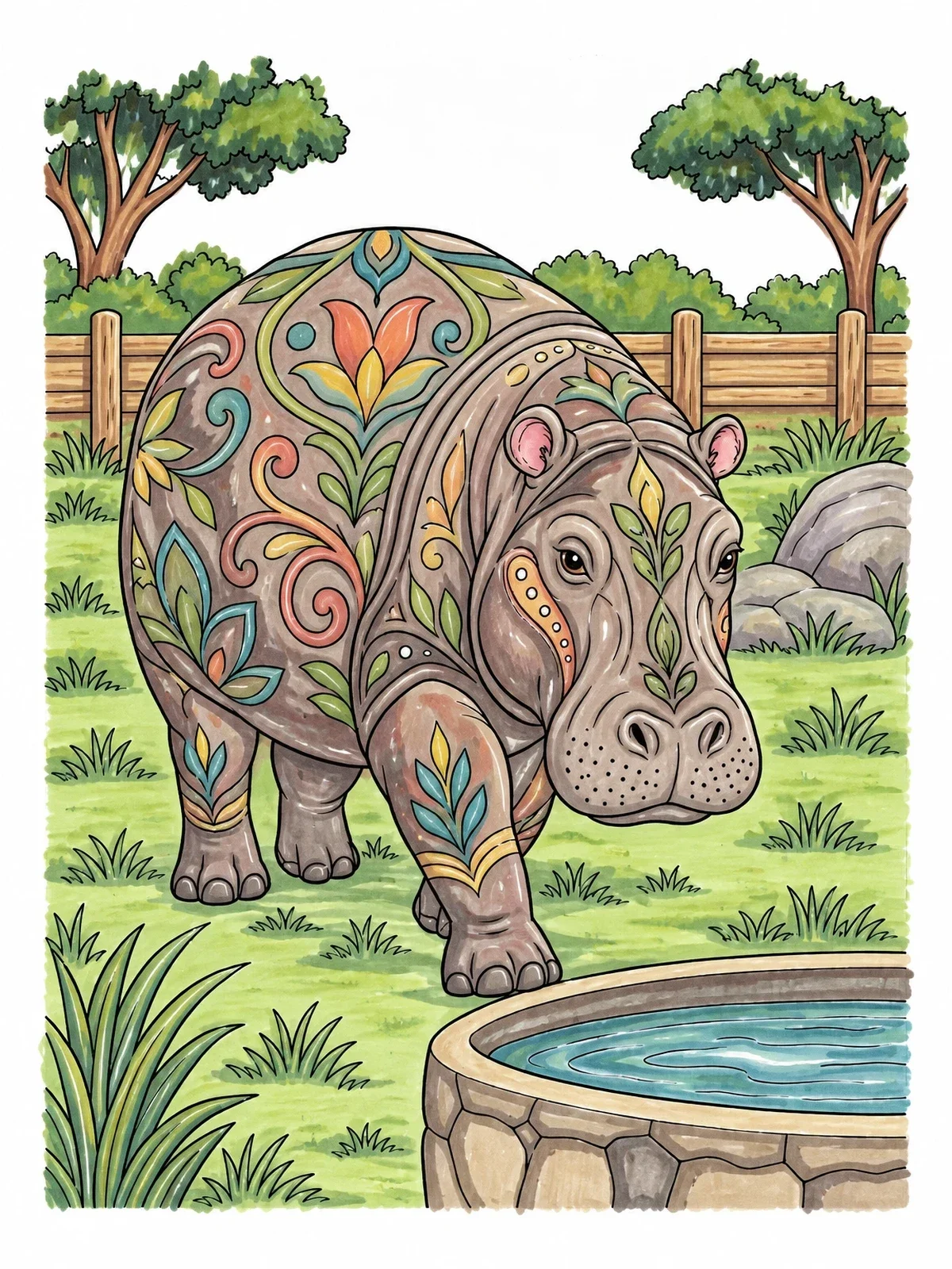 Colored example of the Patterned Hippopotamus By The Water Trough coloring page