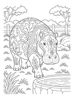 A detailed hippopotamus approaches a stone trough in this zoo coloring page.