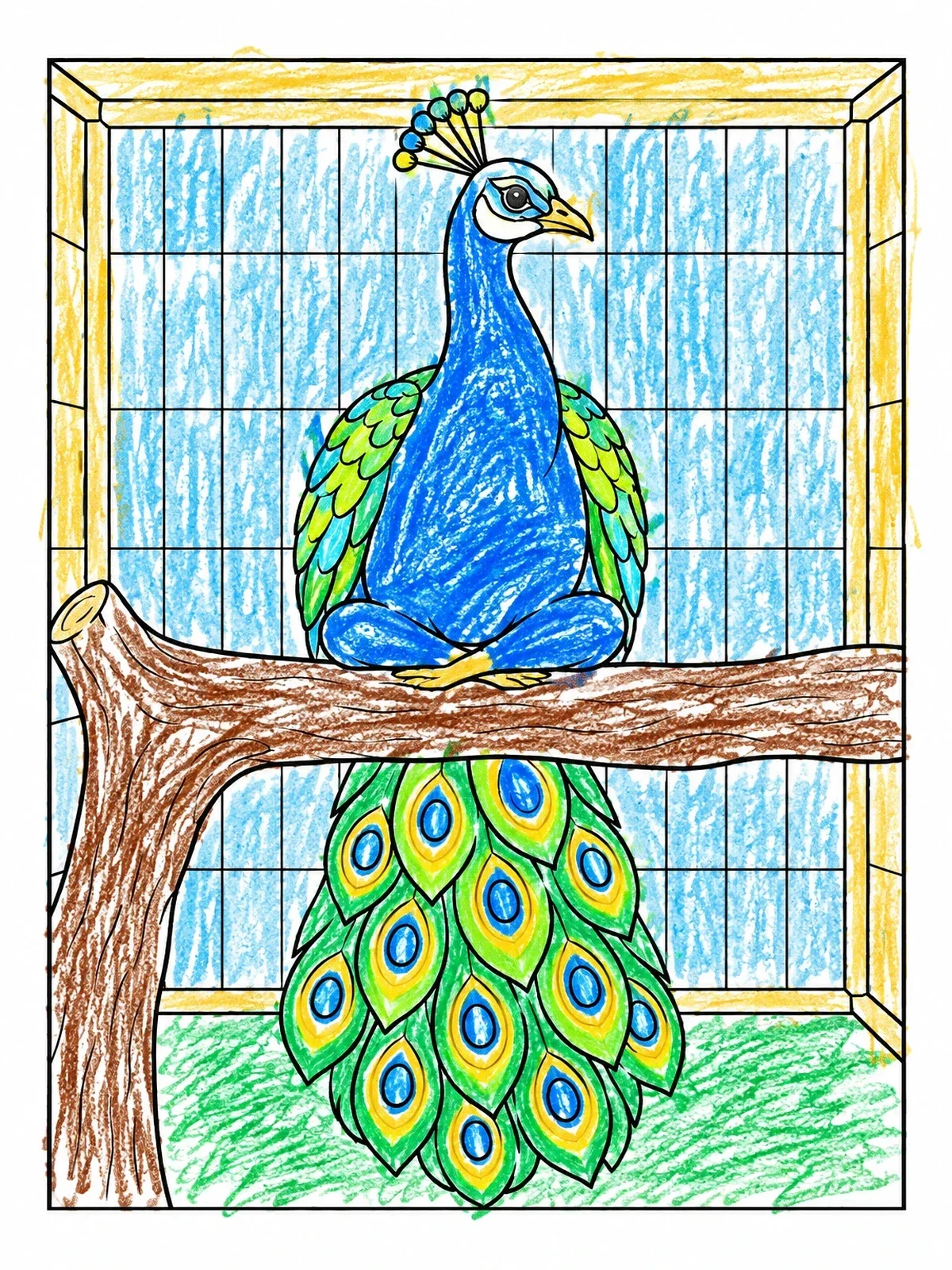 Colored example of the Peacock Meditating On A Branch coloring page