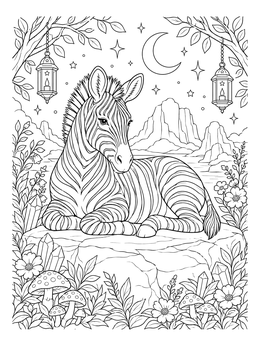 A serene plains zebra lying on a rock featured in this zoo coloring page.