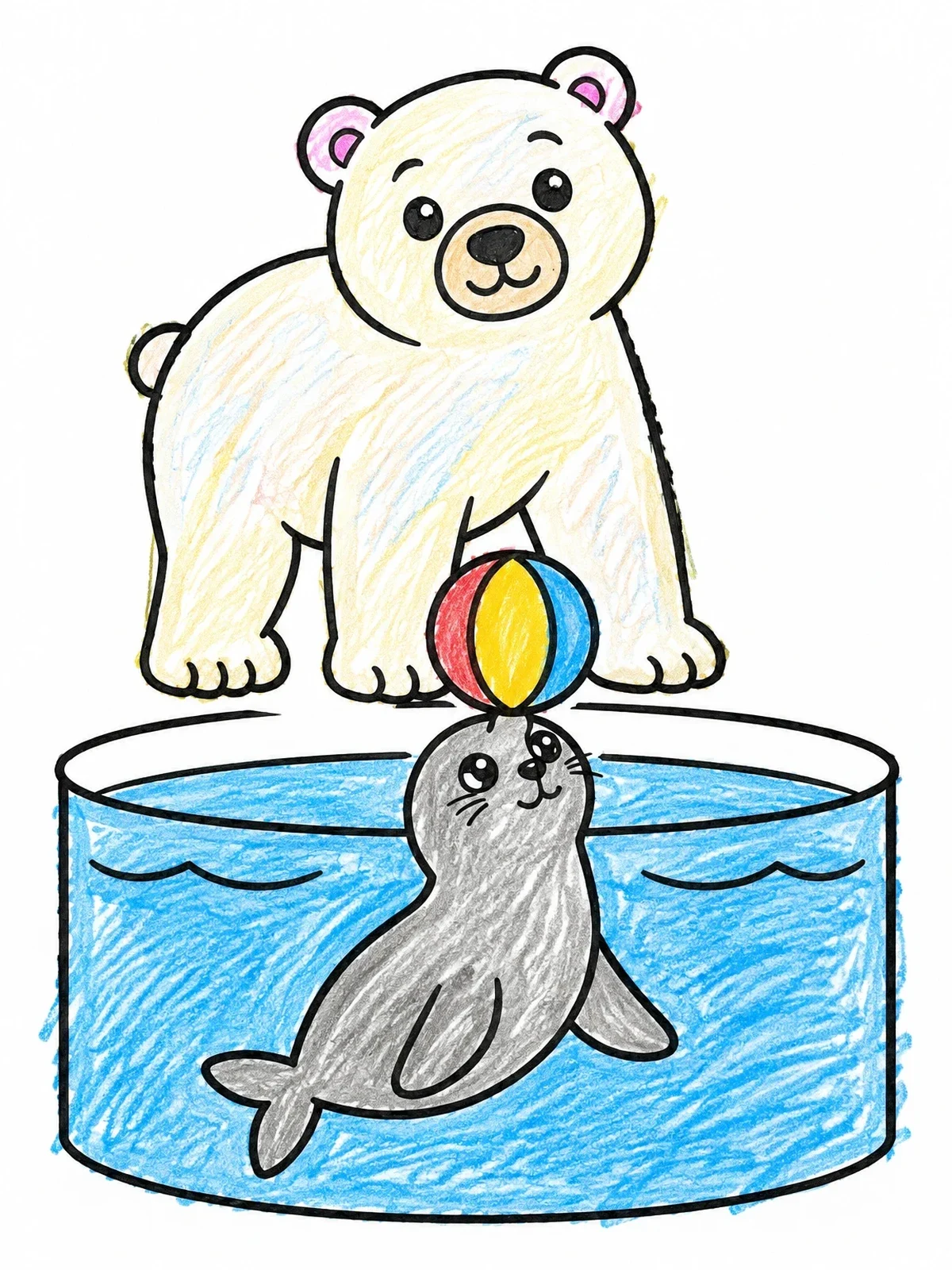 Colored example of the Polar Bear And Seal With Ball coloring page