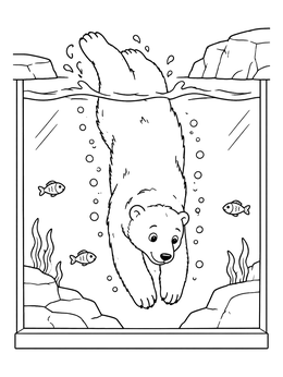 A playful polar bear dives underwater with small fish in this cute zoo coloring page.