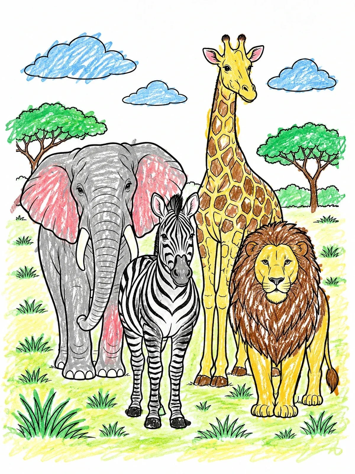 Colored example of the Safari Animals On The Savanna coloring page