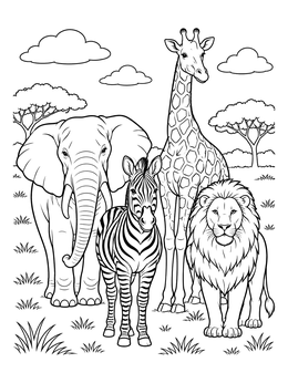 An elephant, zebra, giraffe, and lion gather together in this zoo coloring page.
