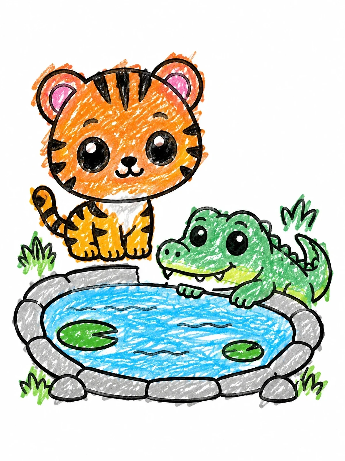 Colored example of the Cute Tiger Cub And Little Alligator By The Pond coloring page