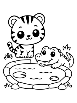 Free printable Cute Tiger Cub And Little Alligator By The Pond coloring page