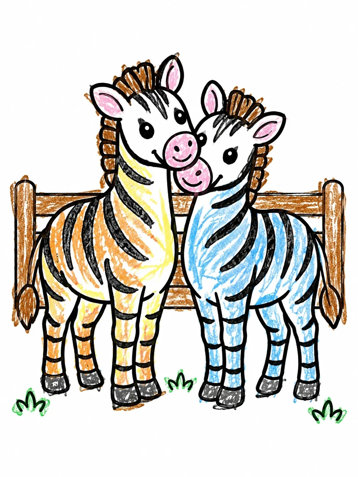 Colored example of the Two Zebras Nuzzling By Fence coloring page