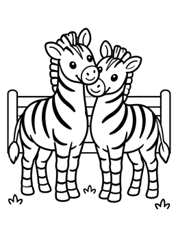 Two friendly cartoon zebras nuzzle each other in this sweet zoo coloring page.