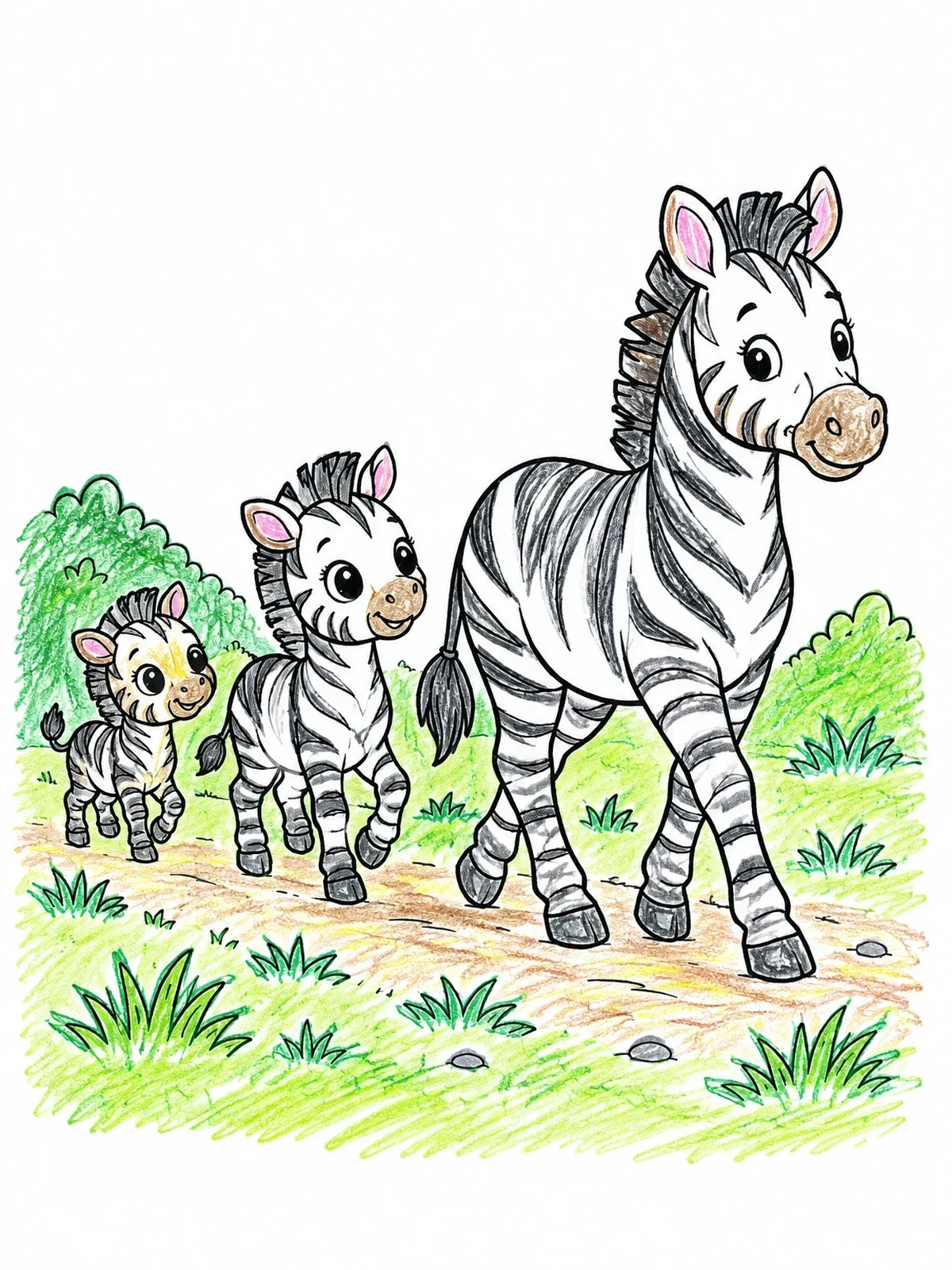 Colored example of the Zebra Family On A Stroll coloring page