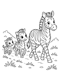 A mother zebra leads two cute foals along a trail in this zoo coloring page.