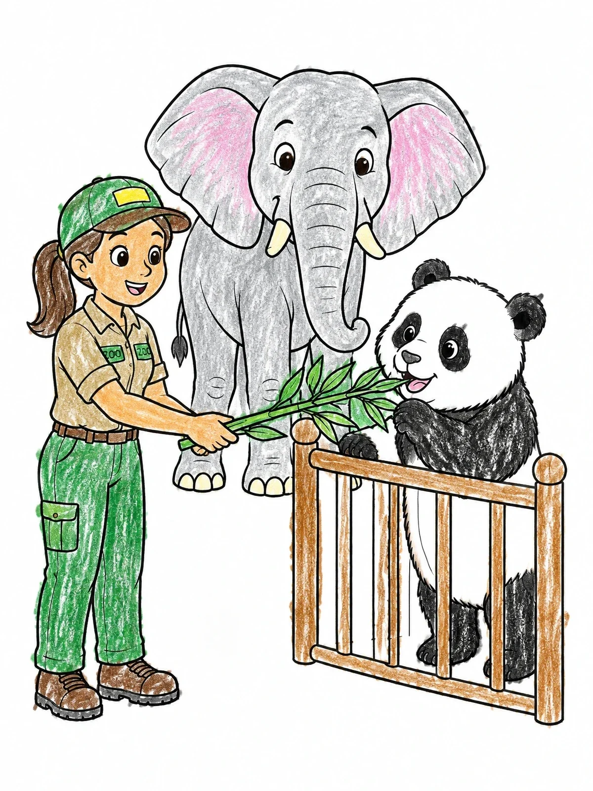 Colored example of the Zookeeper Feeding Elephant And Panda coloring page
