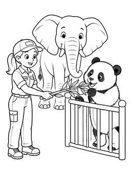 A friendly zookeeper feeding animals in this fun zoo coloring page.