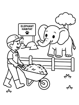 A friendly keeper pushes hay to an elephant in this zoo coloring page.