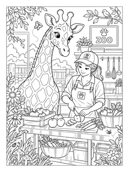 A zookeeper cutting fresh apples beside a friendly giraffe in this zoo coloring page.