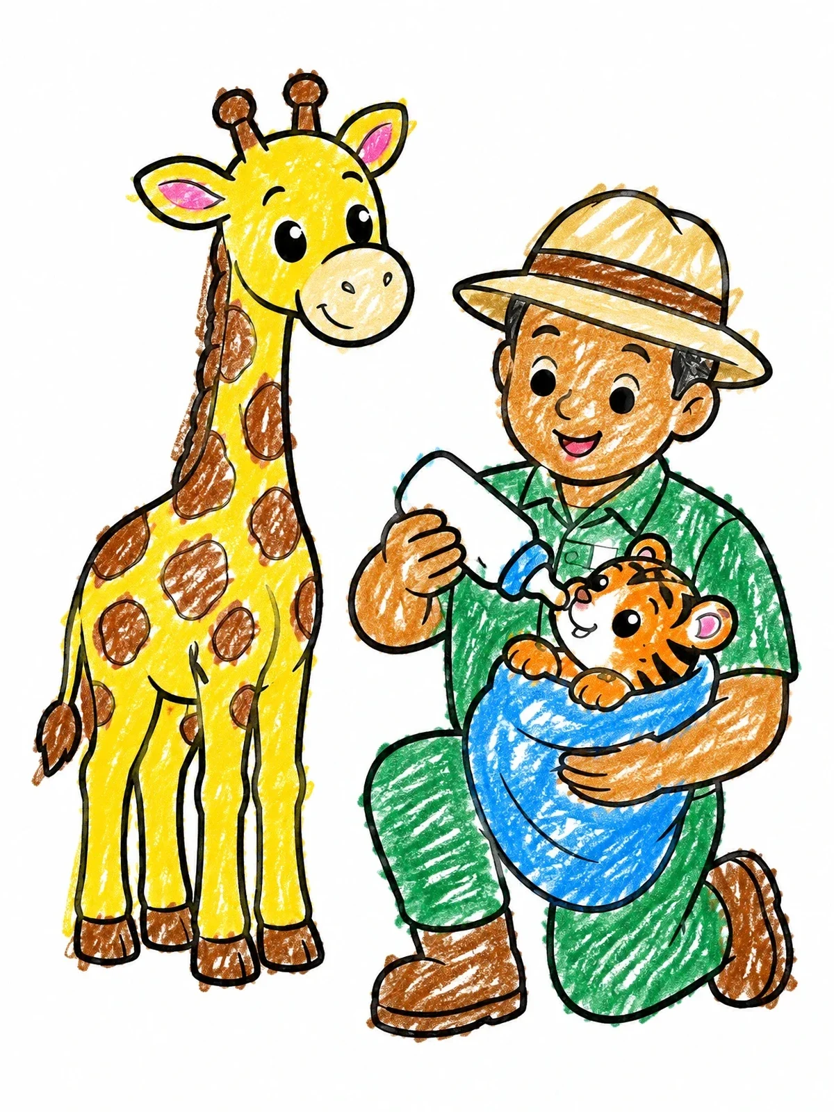 Colored example of the Zookeeper Feeding Tiger Cub Beside Giraffe coloring page